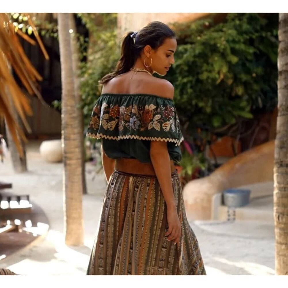 Miss June Paris Chiquita Off the Shoulder Top Green Small Needlepoint Sequins - Picture 2 of 11